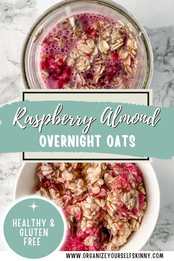 raspberry almond overnight oats in a bowl with the words healthy and gluten free