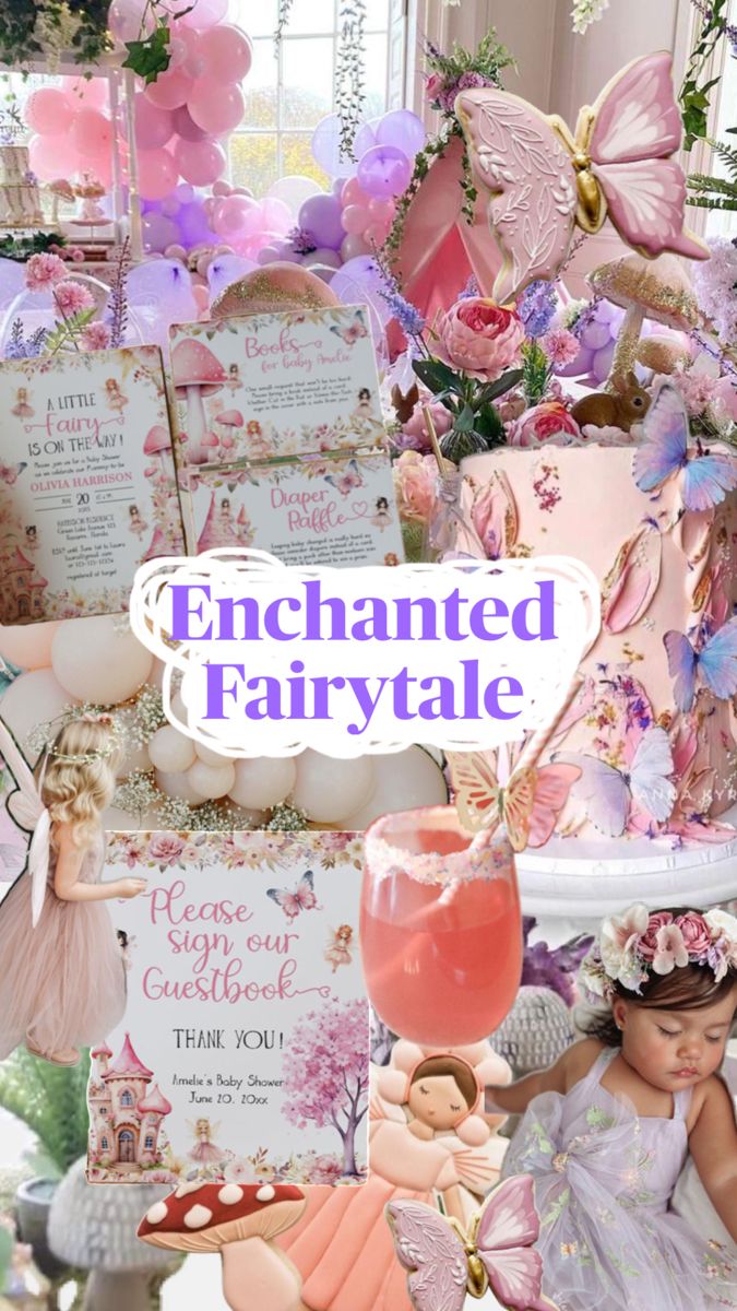 a collage of pink and purple items with the words enchanted fairytale