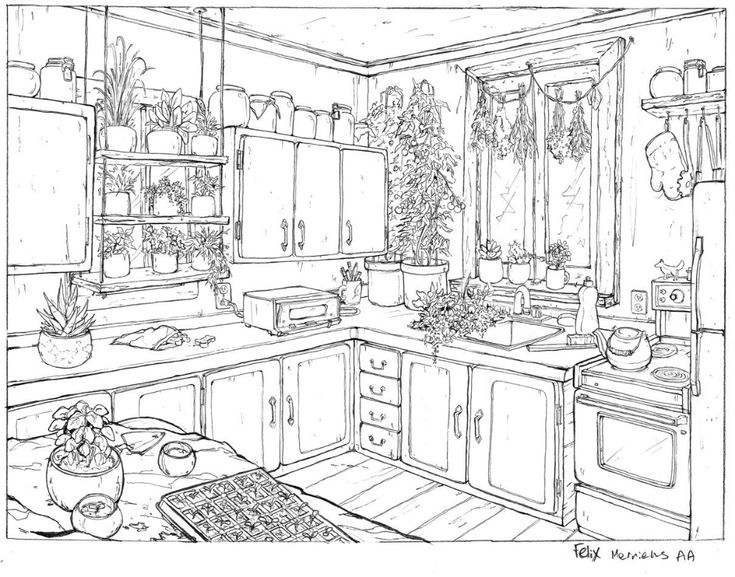 this is a black and white drawing of a kitchen