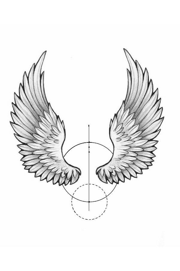 a drawing of an angel wing with the center half drawn