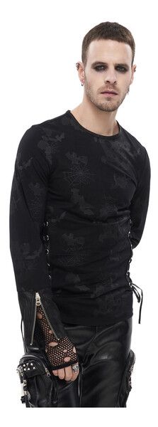 Gothic Crew Neck Tops For Party, Gothic Tops For Fall Concert, Gothic Long Sleeve Halloween Tops, Gothic Long Sleeve Tops For Halloween, Fitted Emo Tops For Fall, Gothic Party Top With Mesh Sleeves, Gothic Party Tops With Mesh Sleeves, Black Gothic Tops With Mesh Sleeves, Emo Long Sleeve Halloween Tops