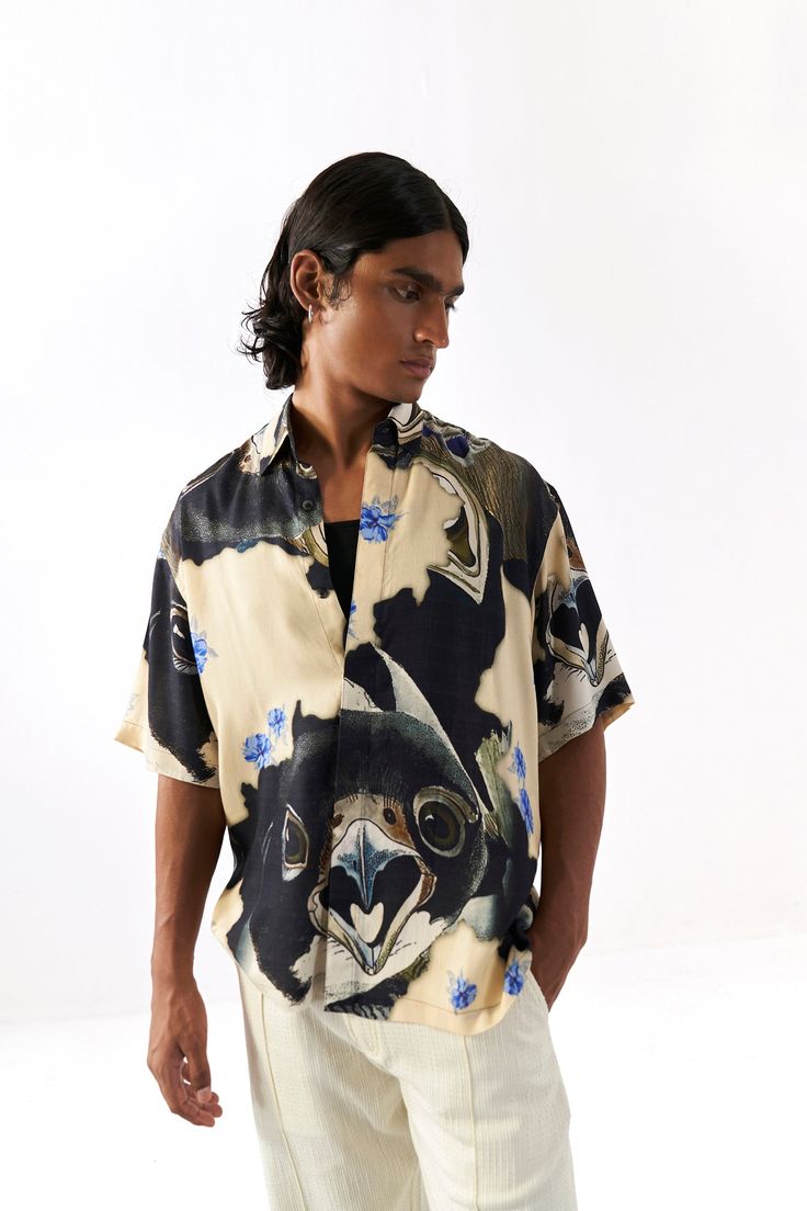 Fabric - Tencel DobbyPrint / Emblishment - Digital PrintHalf -sleeve tencel dobby washi shirt featuring an eagle on hunt.Shirts (Inches) XS S M L XL XXL Chest 38 40 42 44 46 48 Shoulder 17.5 18.5 19.5 20.5 21 21.5 Length 26 27 27.5 28 29 30.5 Collared Cotton Camp Shirt With Abstract Print, Streetwear Tie Dye Washed T-shirt, Shirt With Abstract Print, Relaxed Fit, And Camp Collar, Unisex Tie-dye Short Sleeve T-shirt, Multicolor Hawaiian Relaxed Fit T-shirt, An Eagle, Washi, Fabric