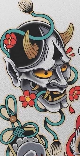 Neo Trad Hanya Mask, Japanese Swirl Tattoo, Hanya Mask Traditional, Japanese Masks Tattoos, American Traditional Samurai, Oni Japanese Tattoo, Hanya Mask Tattoo Traditional, Japanese Neck Tattoo Men, Japanese Ninja Tattoo