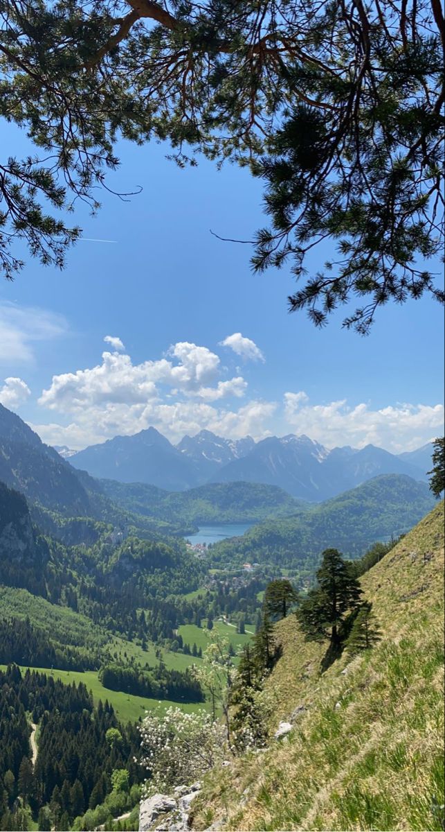 a scenic view of mountains and valleys from the top of a hill with trees on both sides