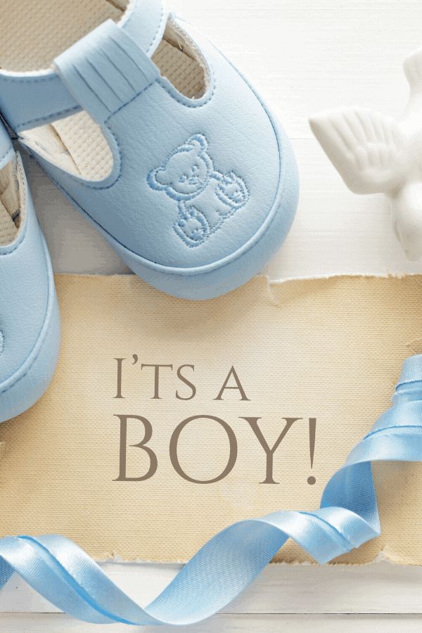 a baby blue shoe sitting on top of a piece of paper with the words it's a boy