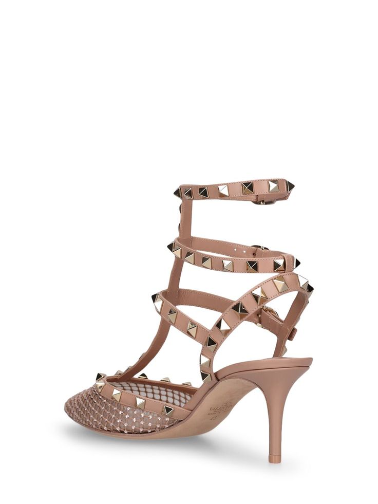 65mm Heel. Mesh upper. Adjustable ankle straps with buckle closure. Studded details. Embellished with crystals. Leather lining and insole. Leather sole Mesh Heels, Versace Brand, Ski Accessories, Loafer Mules, Flat Espadrilles, Swim Accessories, Heeled Loafers, Ankle Straps, Ski Wear