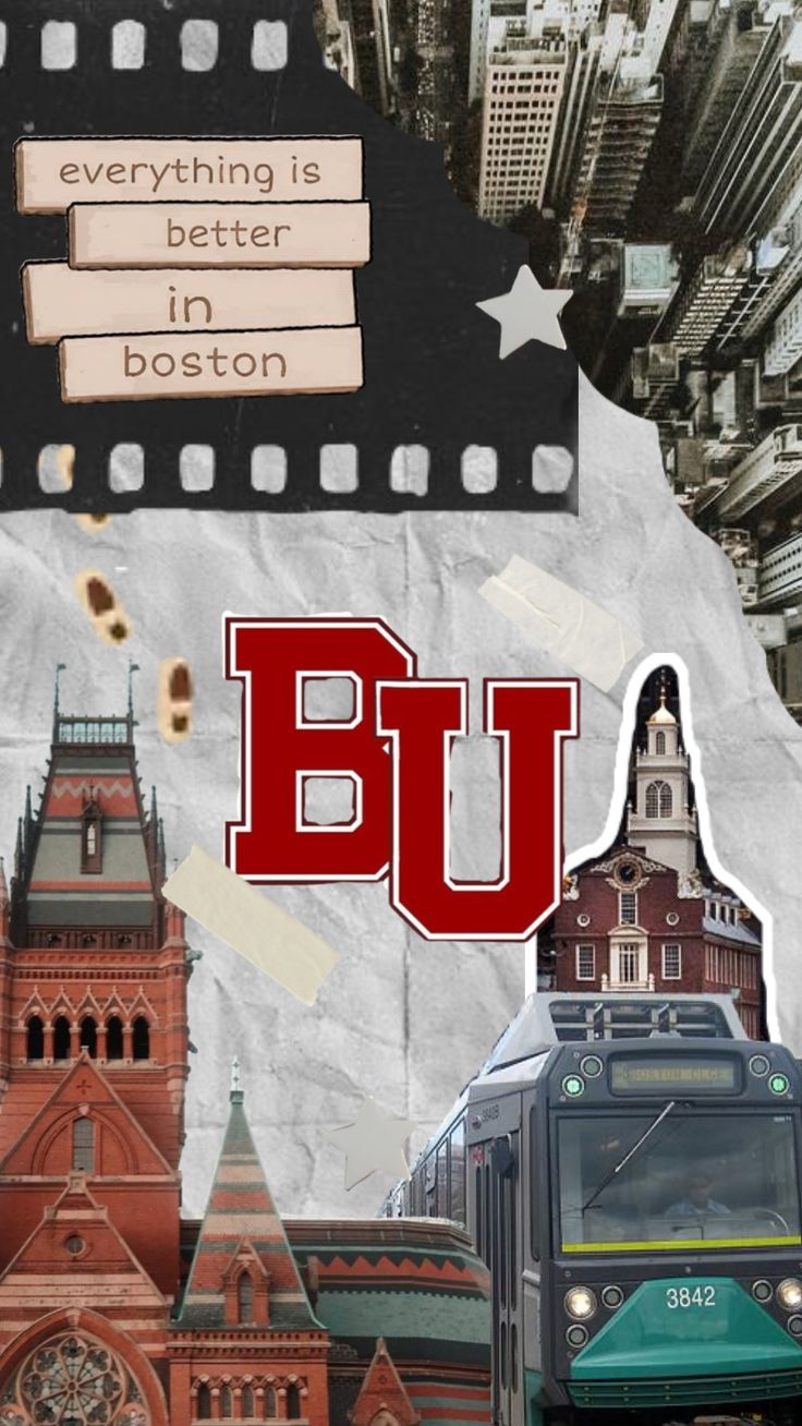 a collage of buildings and a train with the word boston on it's side