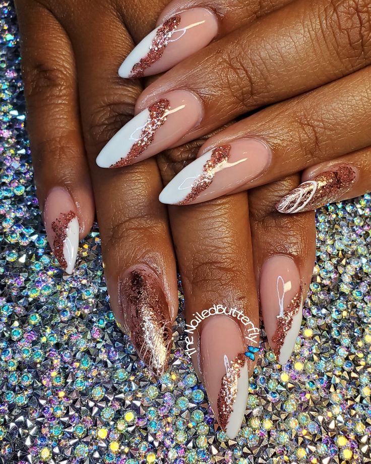 White Rose Gold Nails, Rose Gold And White Nails, Wedding Nails Rose Gold, Rose Gold Almond Nails, Glitter Almond Acrylic Nails, Winter Wedding Nails For Bride, Rose Gold Nail Ideas, Harley Wedding, Winter Wedding Nails