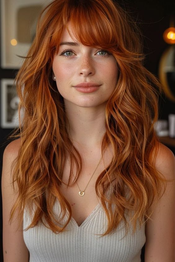 Long Bangs Red Hair, Long Copper Shag Hair, Long Shag Hair With Bangs, Shaggy Red Hair With Bangs, Copper Hair Fringe, Red Hair With Fringe Bangs, Shoulder Length Red Hair With Bangs, Long Ginger Hair With Bangs, Red Hair Shag Cut