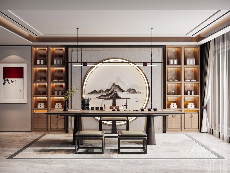 a dining room with a table and chairs in front of a book shelf filled with books