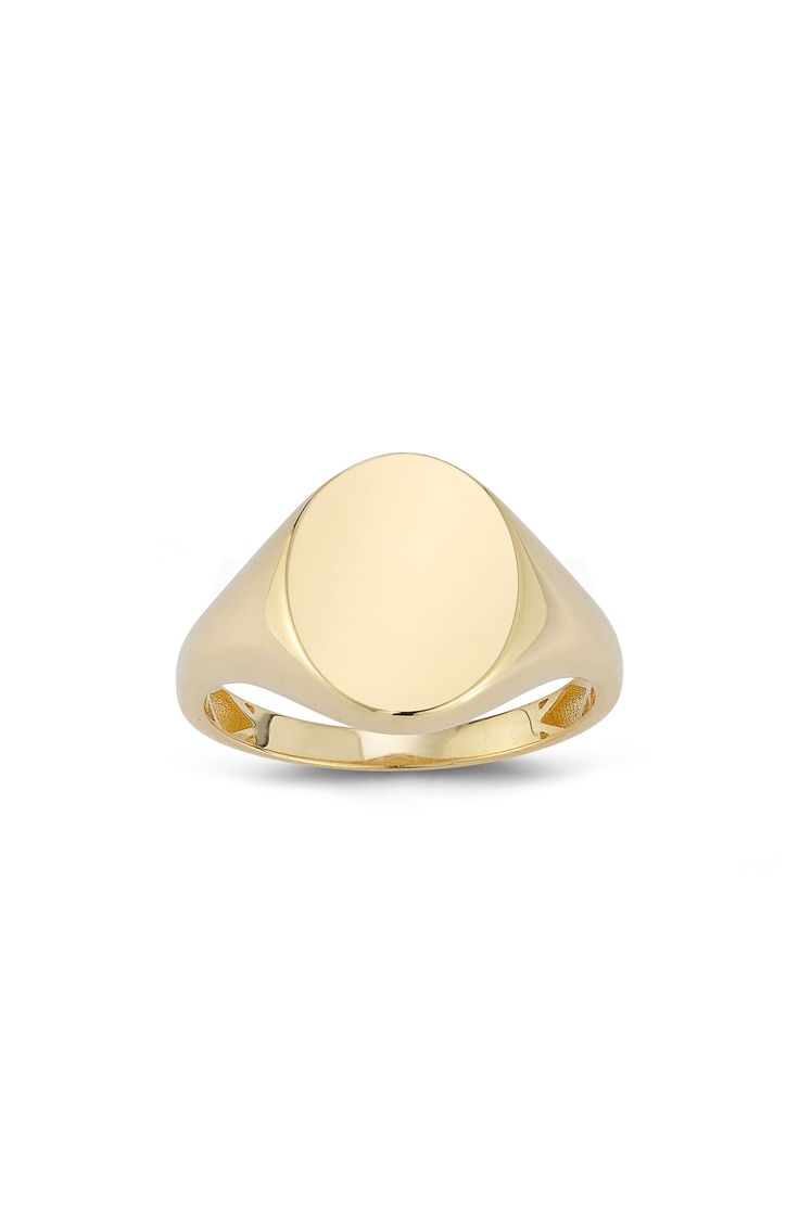 A circle-shaped center draws the eye to a polished signet ring that's shaped from warm 14-karat gold. 14k gold Made in Turkey Luxury Oval 14k Stamped Signet Ring, Classic Oval Signet Ring With Polished Finish, Timeless Oval Signet Ring With Polished Finish, Domed Signet Ring With Polished Finish For Gift, Classic Domed Signet Ring Hallmarked, Formal Oval Signet Ring With Polished Edges, Classic Oval Signet Ring Stamped 14k, Timeless Oval Dome Ring Stamped 14k, Yellow Gold Oval Signet Ring With Polished Finish