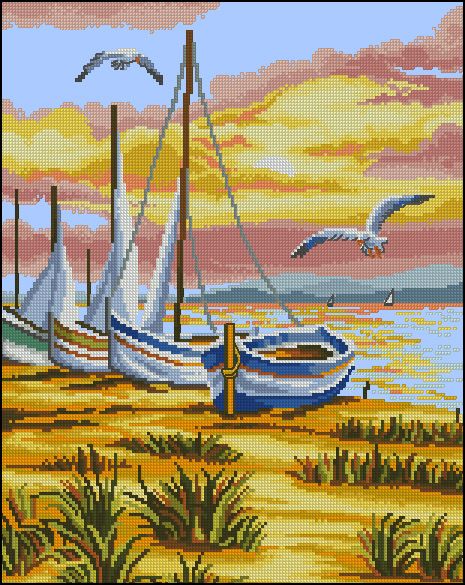 the cross stitch pattern shows two boats on the beach with seagulls flying in the background