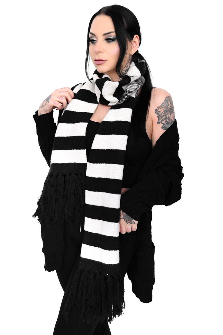 Soft black and white scarf with fringe ends. Anna Blue, Stripe Scarf, Black And White Scarf, Scarf With Fringe, Striped Scarf, White Scarf, White Scarves, Striped Scarves, Fringe Scarf