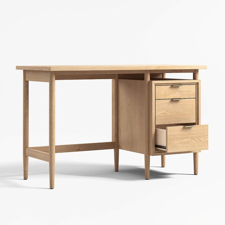 a wooden desk with two drawers on each side and an open drawer at the top