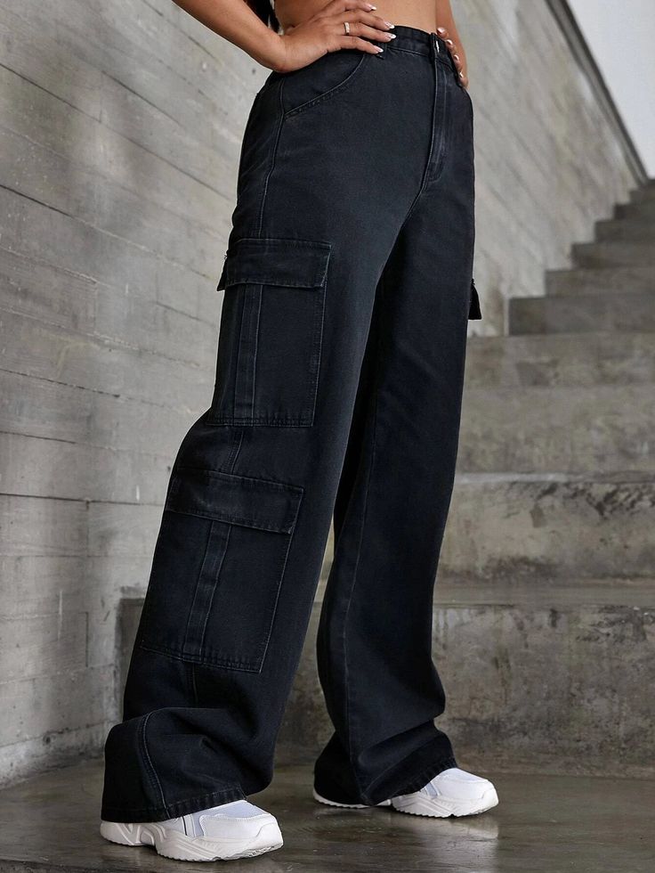 Upgrade your denim game with our Zipper Fly Flap Pocket Jeans. These jeans feature a modern and sleek design with flap pockets on the front, adding a stylish element to your outfit. The zipper fly adds a touch of convenience and ease of wear. Whether you're going for a casual or dressed-up look, these versatile jeans are perfect for any occasion. Features: Pattern Type: Plain Type: Straight Leg Jeans Style: Cargo Pants Closure Type: Zipper Fly Details: Button, Pocket, Zipper Waist Line: High Wai Trendy Washed Black Cargo Jeans With Multiple Pockets, Black Straight Leg Jeans With Zipper Closure, Trendy Washed Black Jeans With Pockets, Edgy Denim Jeans With Cargo Style, Edgy Denim Cargo Style Jeans, Trendy Denim Cargo Jeans With Zip Fly, Straight Leg Cargo Jeans For Streetwear, Edgy Straight Leg Jeans With Multiple Pockets, Black Denim Jeans With Zipper Closure