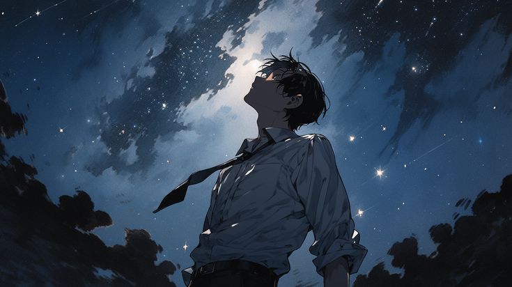 a man standing in front of the night sky looking up at the stars above him