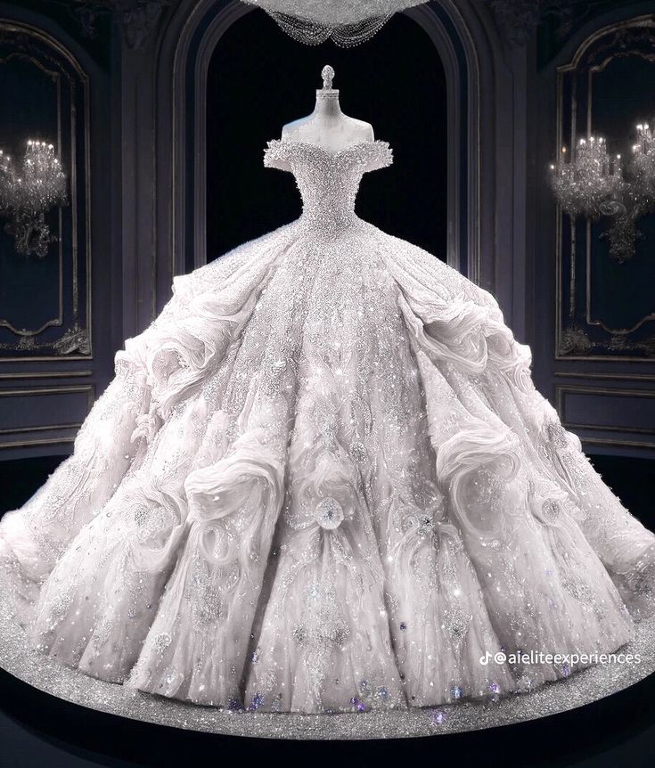 a white wedding dress on display in a room with chandelier and chandeliers