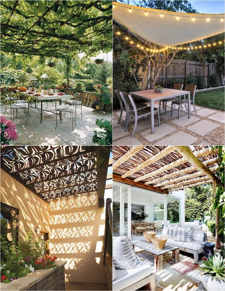 an outdoor dining area with patio furniture and string lights hanging from the trees above it