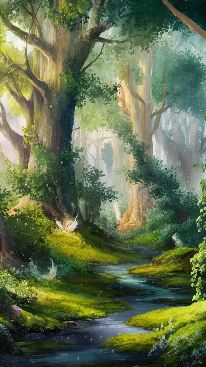 a painting of a stream running through a lush green forest