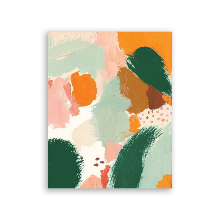 an abstract painting with green, orange and pink colors