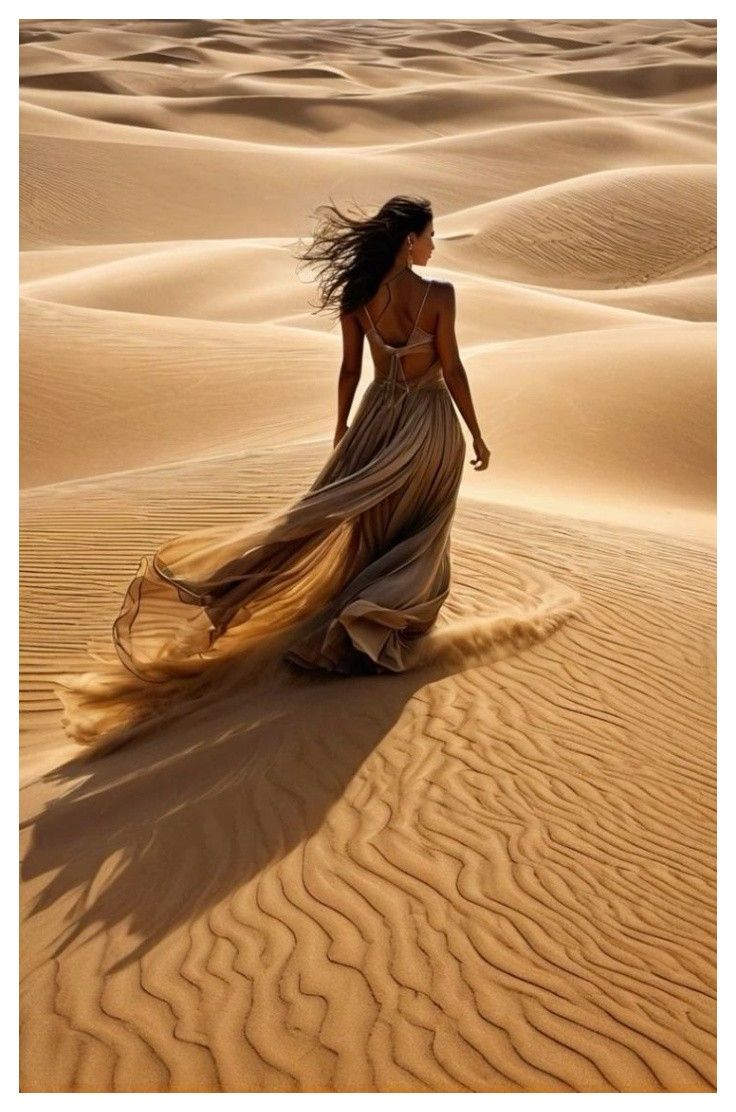 a woman in a long dress walking through the sand dunes with her hair blowing in the wind