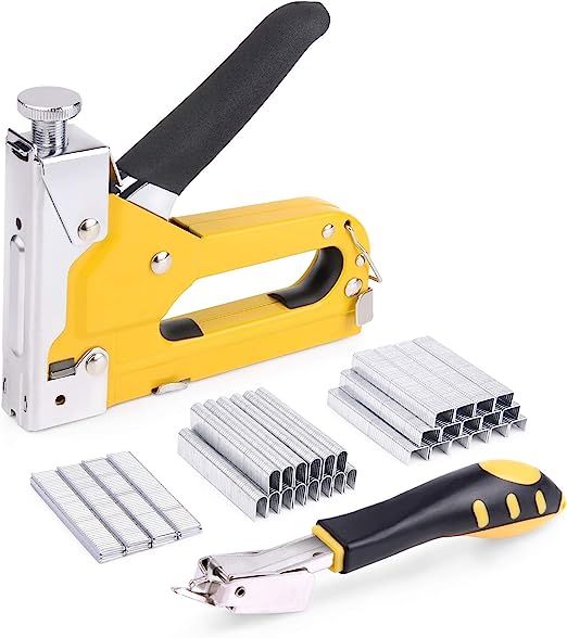 a yellow stapler with tools on it and some other items around the device to be used