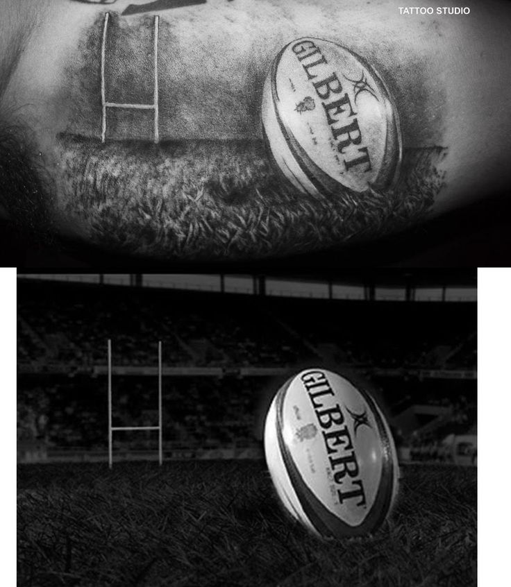 two images show the same tattoo on each arm and one has a rugby ball in it