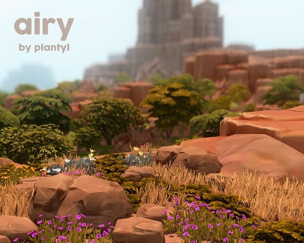 an animated image of some plants and rocks in the grass with buildings in the background