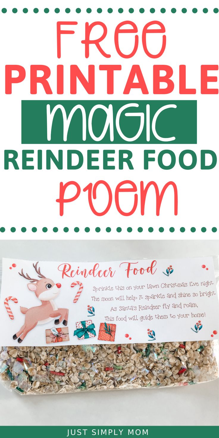 a homemade reindeer food treat with text overlay that reads free printable magic reindeer food poop