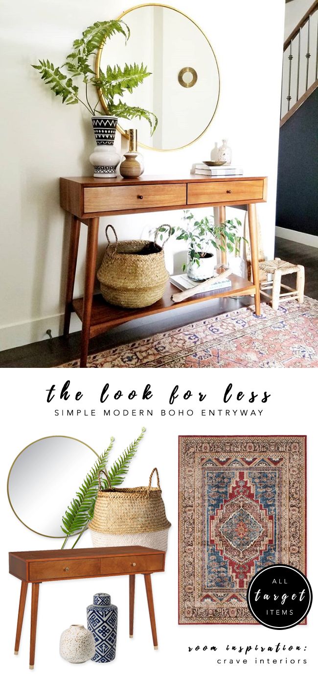 the look for less simple modern boho entryway with plants, rugs and mirrors