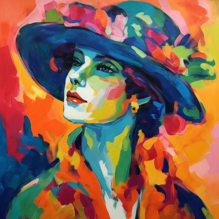 a painting of a woman wearing a blue hat with flowers on her head and shoulders