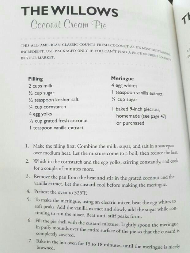 an open recipe book with instructions on how to make the willows coconut cream pie