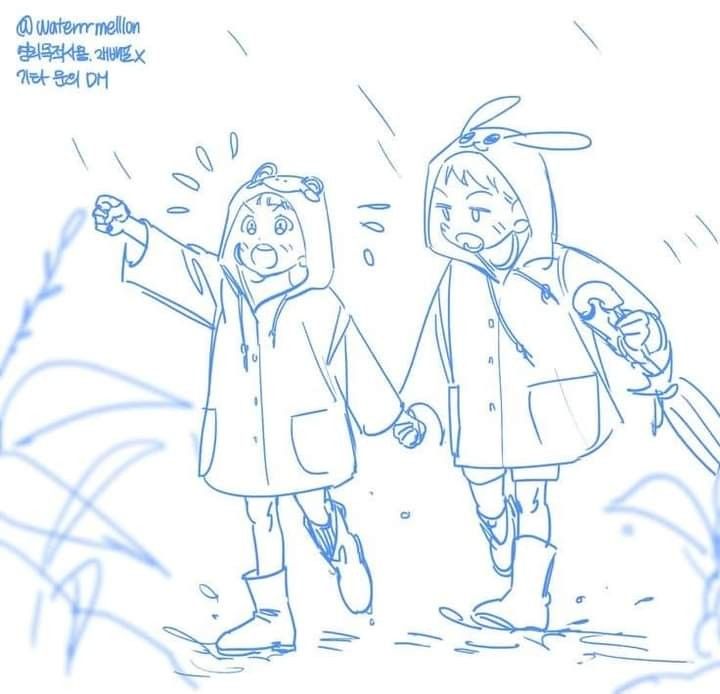 a drawing of two people holding hands in the rain