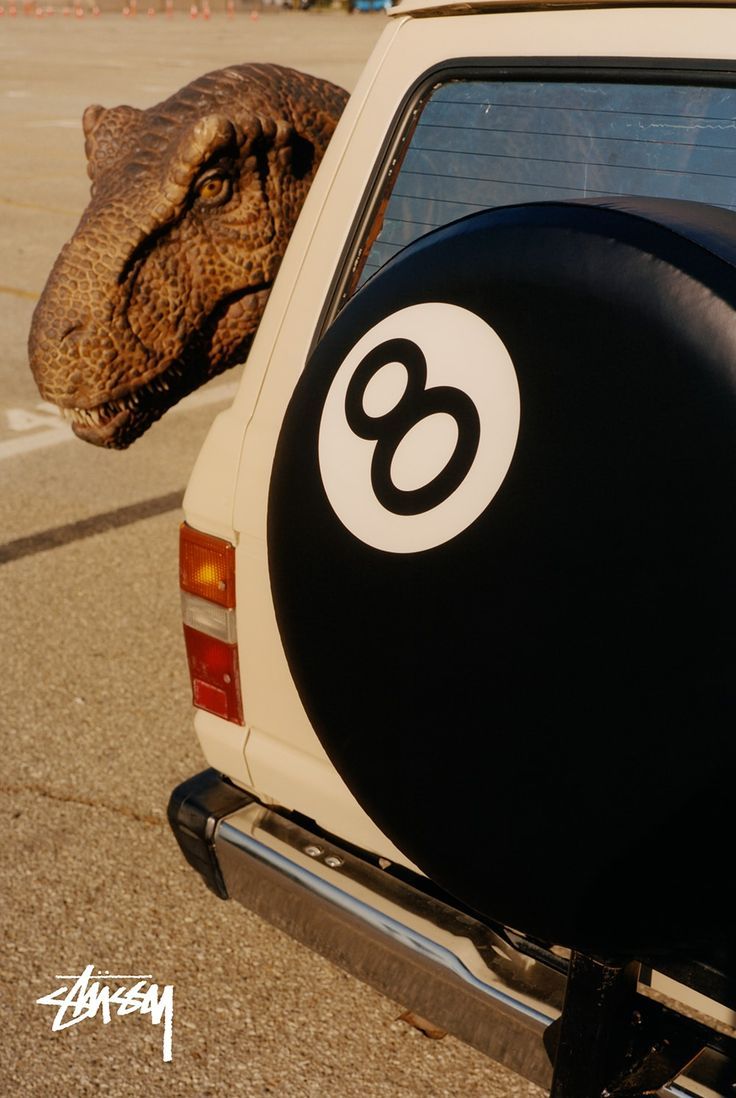 an elephant sticking its head out the back window of a car with a number eight on it