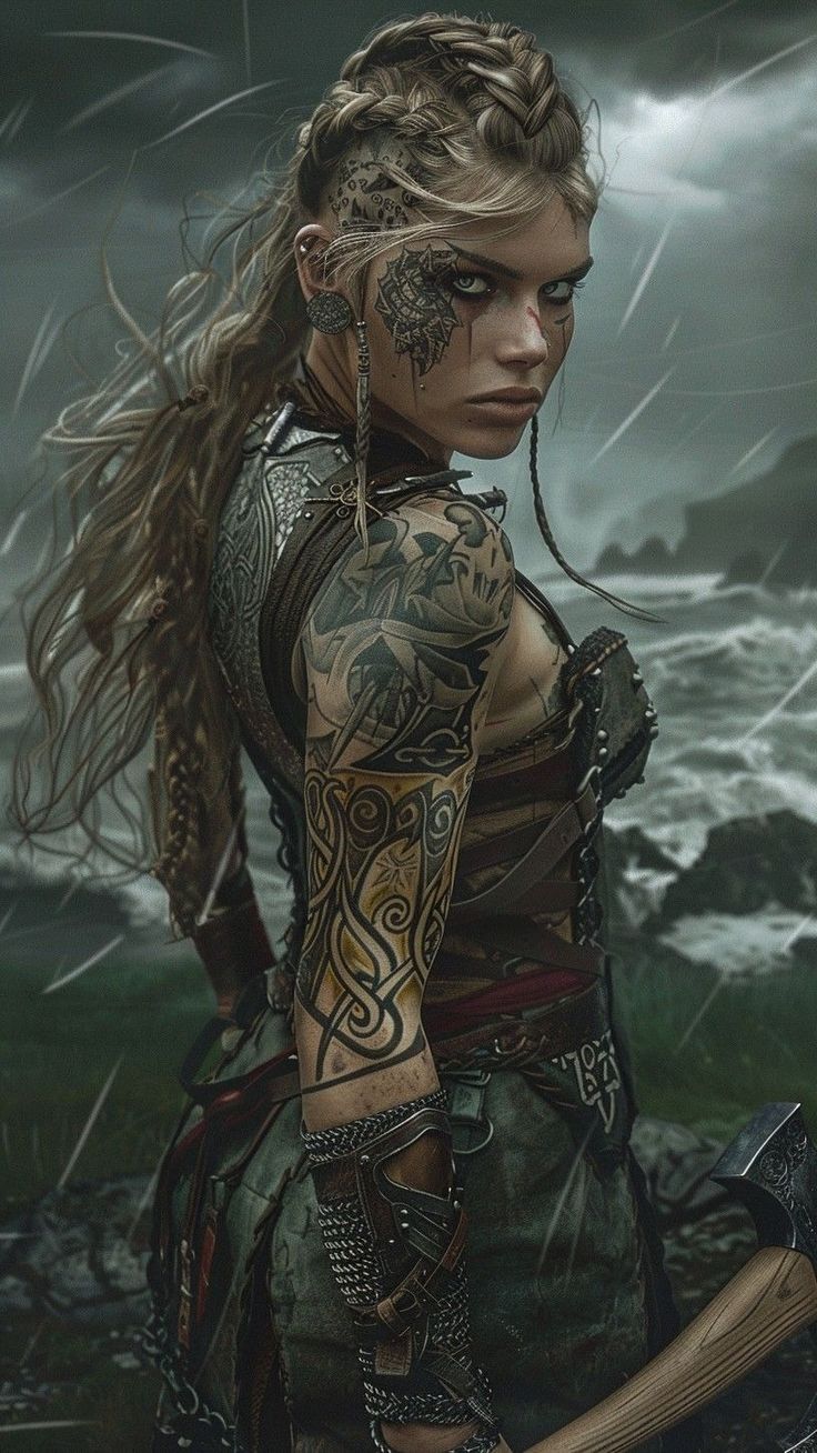 a woman with long hair and tattoos holding an ax