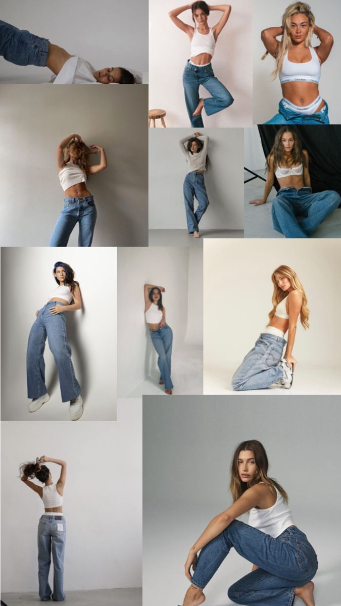 many different pictures of women in jeans posing for the camera