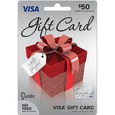 a visa gift card with a red present box