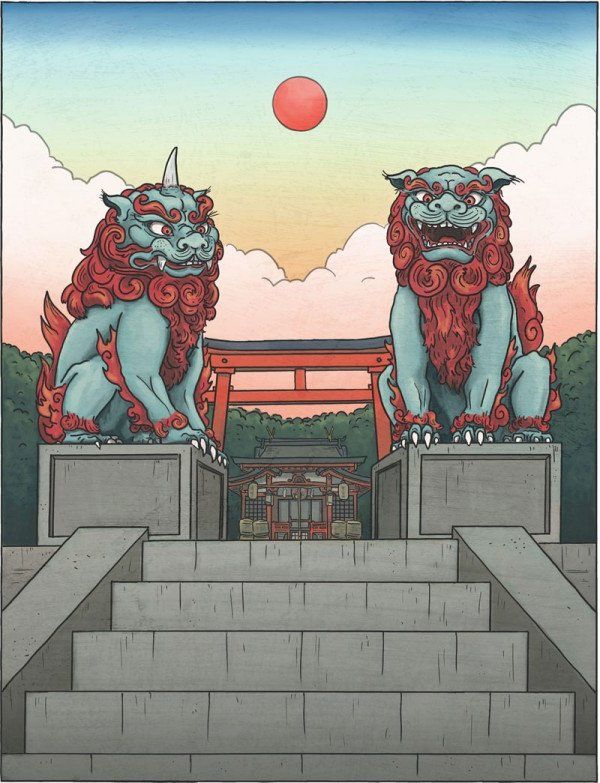 two lions sitting on top of cement steps in front of a red sun and sky