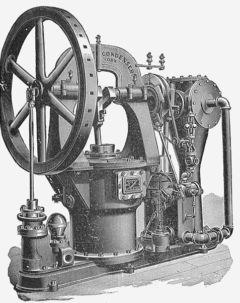 an old drawing of a steam engine