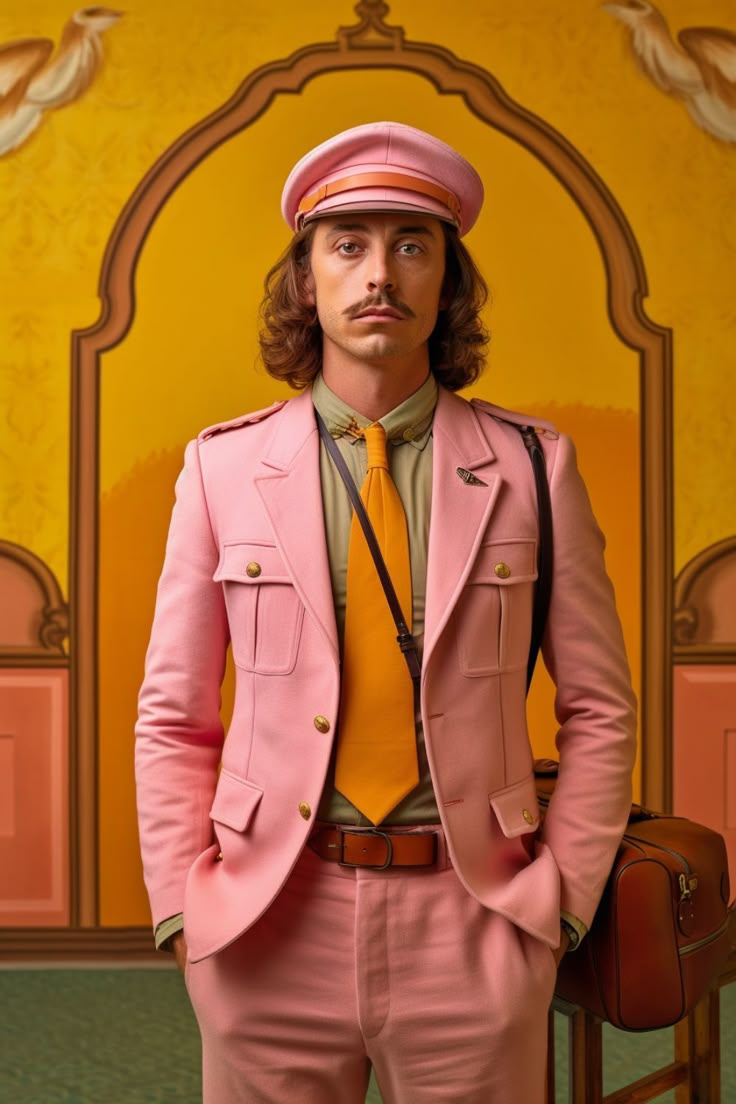 a man in a pink suit and hat poses for the camera with his hands on his hips