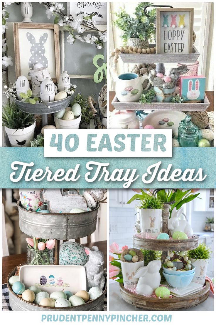 easter themed trays with eggs, flowers and other items in them are featured on this page