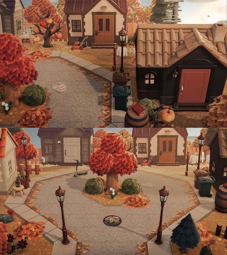 an animated city with lots of houses and trees in the fall, along with autumn foliage