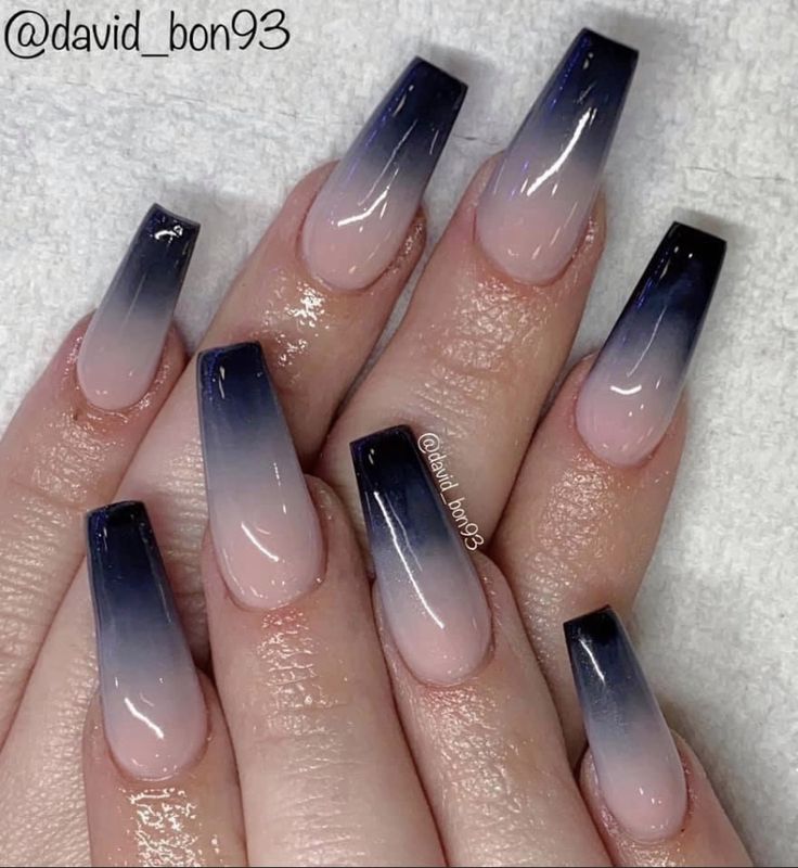 Trendy Nails Ombre Blue, Dark Ombre Nails Coffin, Black Ombre Coffin Acrylic Nails, Blue Ombre Acrylic Nails Coffin, Grey Ombre Nails Coffin, Nails Inspiration Black And Blue, Tan To Black Ombre Nails, Ombre Navy Nails, Dark Blue Ombre Nails Acrylic