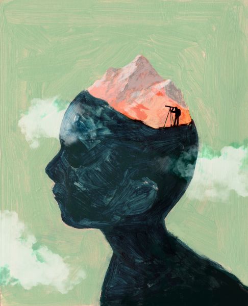 a painting of a man's head with a mountain in the sky above it