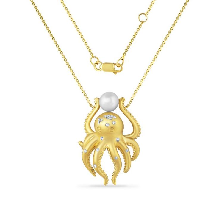 Classic and stunning. The 14K gold octopus pendant incorporates 30 gypsy set diamonds. his arms hold a chic Pearl. For sure a gift any modern siren will treasure. METAL 14K Yellow Gold. Also available in White & Rose gold. GEMSTONES 30 Diamonds-0.12ct Cultured Pearl SPECS Approximately 30mm Long & 20mm Wide Chain Length: 18 inches All items are crafted to the highest standards. At Jewelry and the Sea, we're committed to your satisfaction. Dive into the divine allure of luxury and explore this Di Modern Siren, Octopus Necklace, Octopus Pendant, Ocean Jewelry, Nautical Jewelry, Mermaid Necklace, Necklace Craft, White Gold Earrings, White Rose Gold