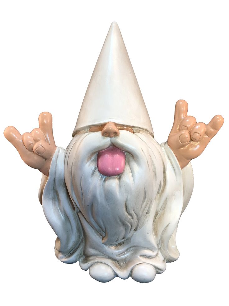 a statue of a gnome with his tongue out and hands in the air, wearing a white hat