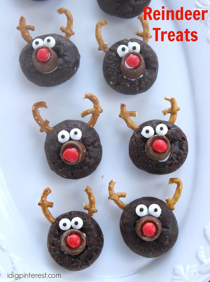 chocolate reindeer treats on a white plate