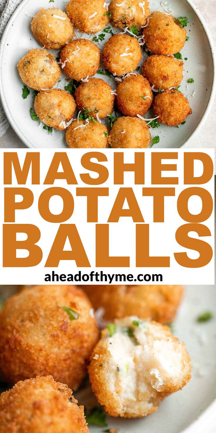 mashed potato balls on a white plate with parsley sprinkled on top