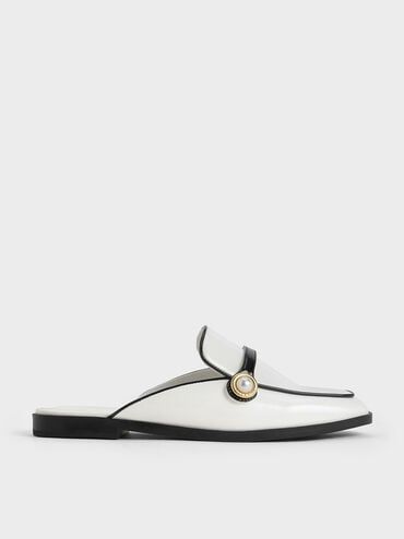 White Two-Tone Pearl-Embellished Loafer Mules | CHARLES & KEITH Classic White Slip-ons With Flat Heel, White Closed Toe Slip-ons For Office, Chic White Slip-ons For Office, White Pointed Toe Slip-ons For Work, Modern White Slip-ons For Work, Modern White Flats With Leather Sole, White Summer Loafers For Office, White Loafers For Summer Office Wear, White Loafers For Office In Summer