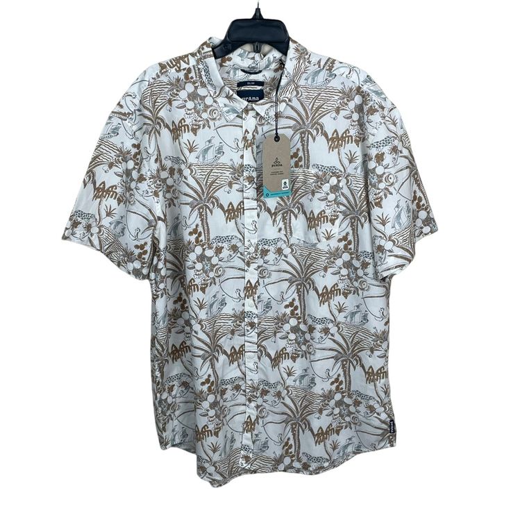 Prana Slim Stimmrsee Shirt Tropical Island Print Tan Cream Short Sleeve Size Xxl Button Up Approximate Measurements Taken While Laying Flat Armpit To Armpit 26.5” Length Top Collar To Hem 34” Materials Content Shown In Pictures New With Tags A4 Beige Printed Shirt With Relaxed Fit, Beige Printed Cotton Shirt, Beige Cotton Printed Shirt, White Printed Vacation Shirt, White Cotton Beach Shirt, Printed White Shirt For Vacation, White Printed Shirt For Vacation, Casual Cream Summer Shirt, Beige Cotton Shirt For Vacation